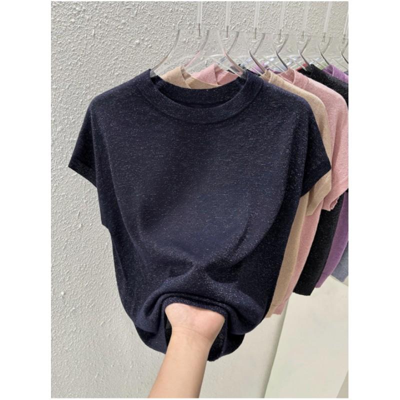 Damen Sommer Rundhals Dünnes Lockeres T-Shirt Einfarbiges Design Stricktops