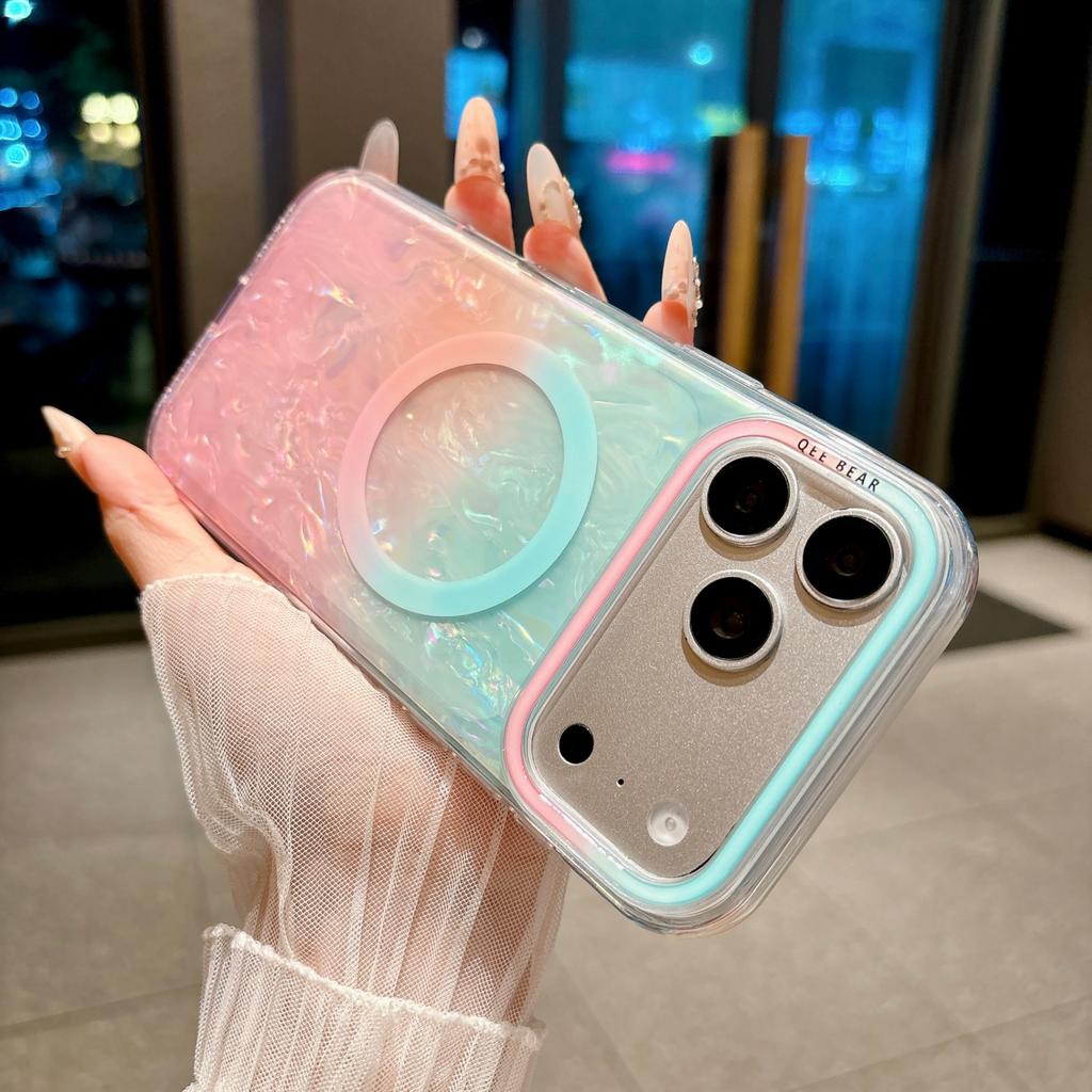 Candy Color Gradient Shell Texture Magnetic Wireless Charger Case for IPhone 18 17 Pro Max 16 15 14 13 12 Hard Shockproof Camera Lens Protective Cover
