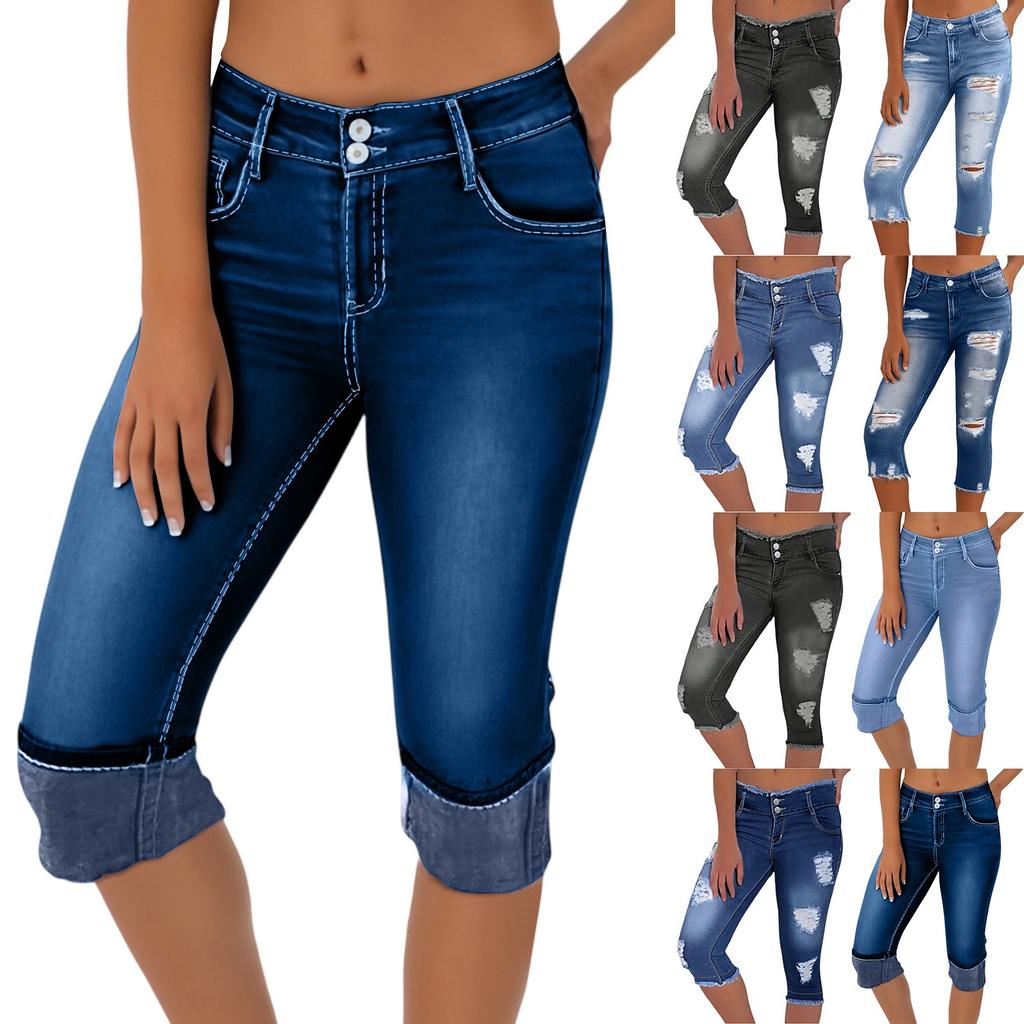Damenjeans Retro-Farbe High-Waist-Design Cropped Jeans