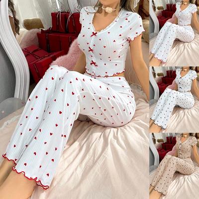 Heart Print Ribbed Frill Trim Pajama Set for Women Sleepwear Knitted V-Neck Loose Tops Elastic Long Pants