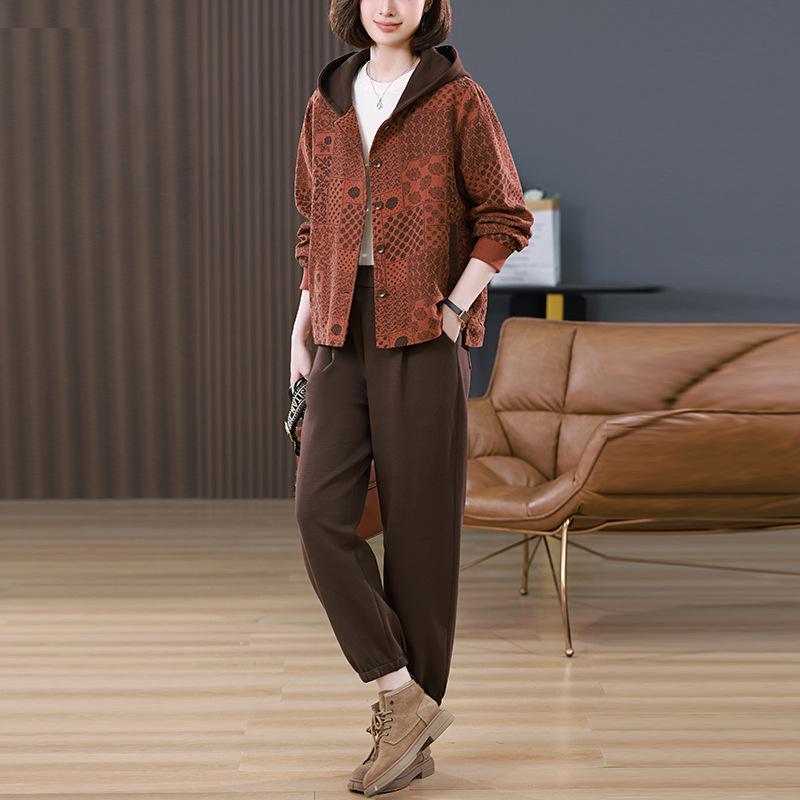 Plus Size Casual Hooded Jacket & Harem Pants Two-Piece Set