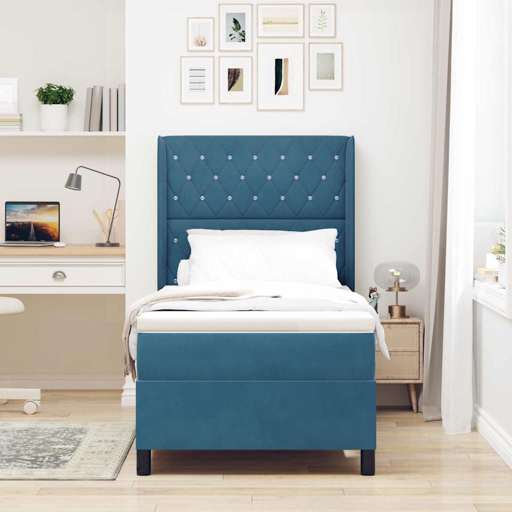 Box Spring Bed with Mattress and Headboard Blue 100 X 200 Cm Velvet