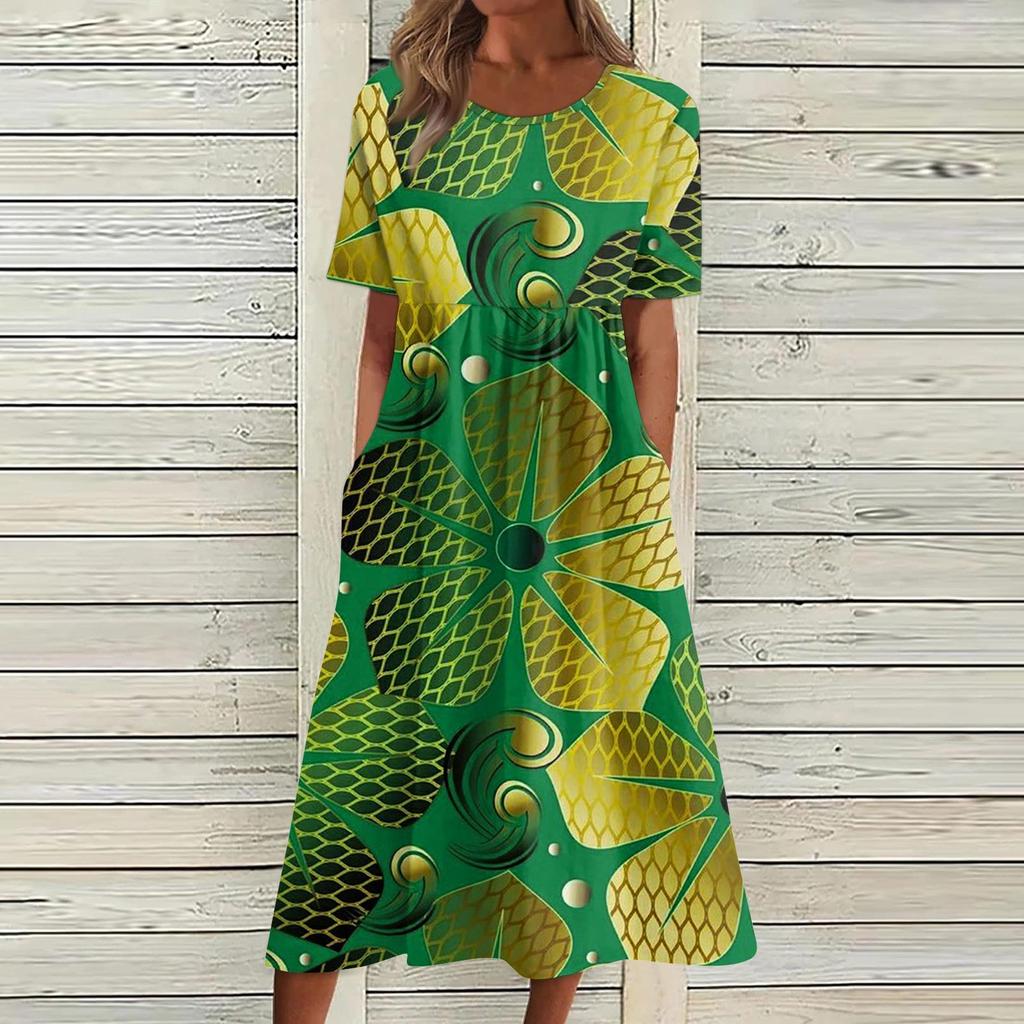 Dámské šaty pro volný čas Šaty s potiskem Letní šaty s potištěným plisovaným midi šaty s kulatým výstřihem Základní klasické venkovní denní šaty s krátkým rukávem volné