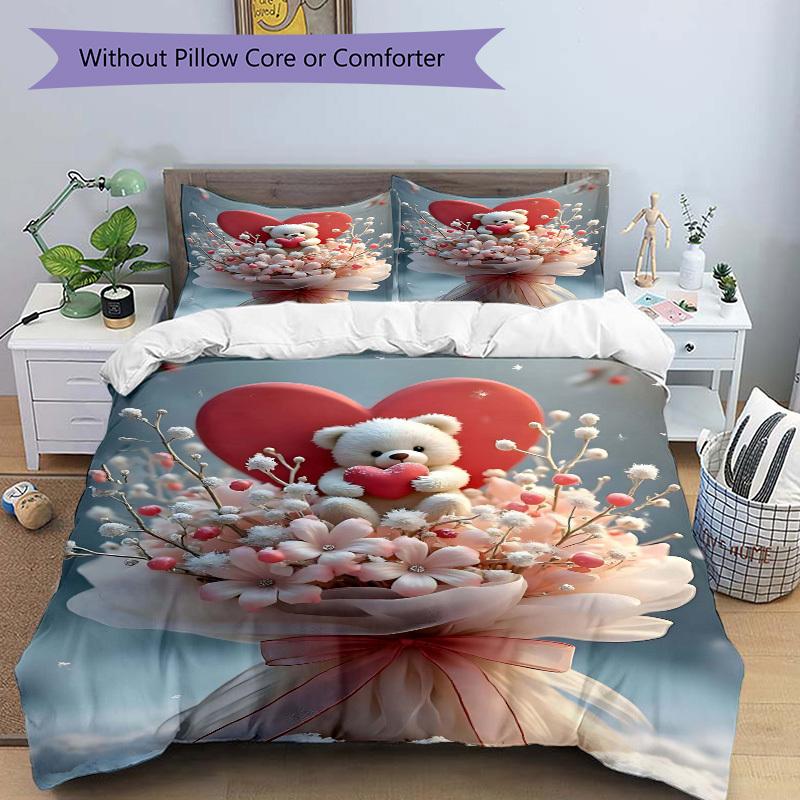 3pcs Anime Teddy Bear Heart Bouquet Bedding Set - Includes One Quilt Cover and Two Pillowcases (No Core) - Polyester Fabric, Perfect for Bed