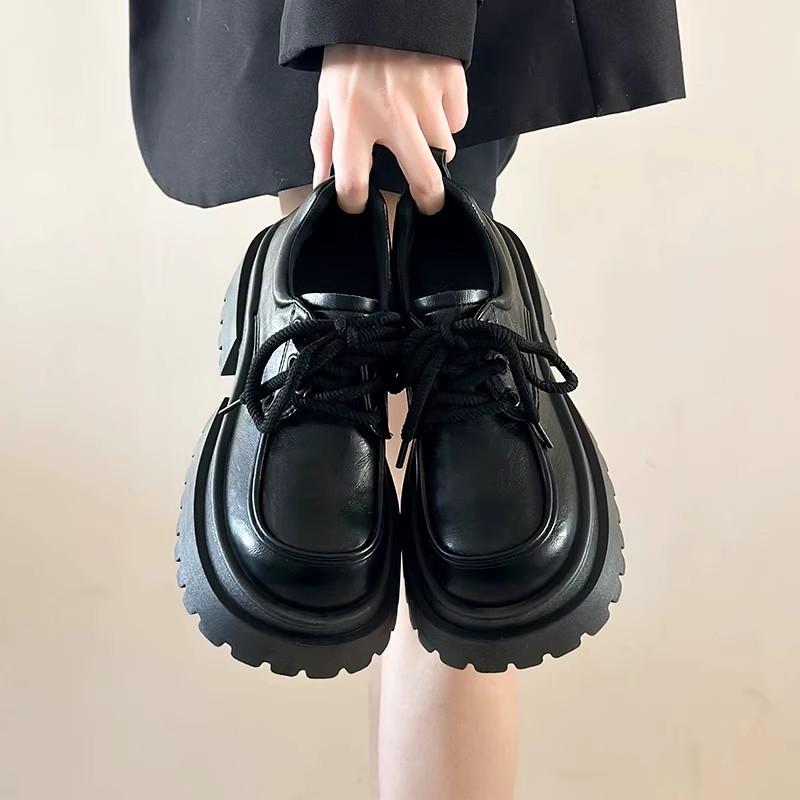 Cowhide Version~ Platform Leather Small Leather Shoes Women's British Style Retro Height-increasing Muffin Shoes Thick Heel Loafer Single Shoes Wom