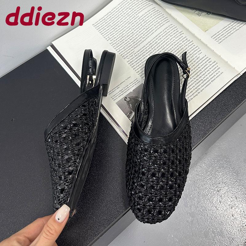 Fashion Big Size 43 Fashion Weave Ladies Flats Shoes Round Toe Footwear Slingback Shallow Women Flats With Shoes Female Sandals