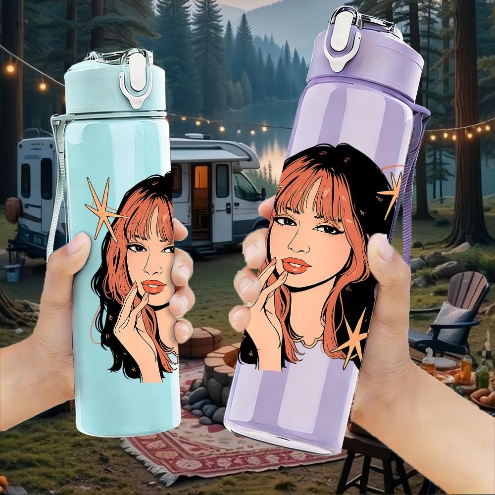 1PC Long Hair Girl Portrait Art Print 750ml Color Plastic Sports Water Bottle Leakproof Flip Straw Lid Suitable for Sports Office Home Use