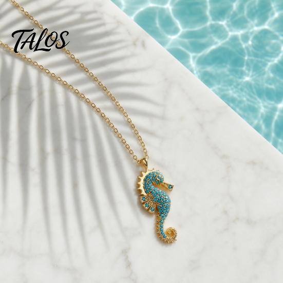 Talos Women Blue Seahorse Necklace, Rhinestone Pendant Stylish Sea Creature Summer Beach Gift for Her Wife Girlfriend