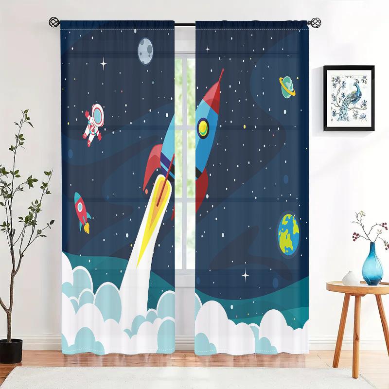2 pieces, Galaxy Rocket Outer Space Astronaut Planet Starry Sky Curtain - Living Room, Bedroom, and Other Home Decoration