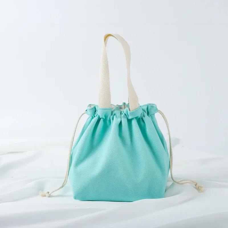 Small Fresh Drawstring Canvas Bag Hand Handbag Japanese Portable Bento Bag Large Capacity Bunched Lunch Box Bag