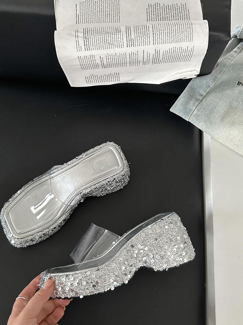 

мода Мода Женские тапочки Лето Улица Вечеринка Туфли на танкетке Высокий каблук Серебристый Розовый Черный Стразы Блестящие Сандалии Тапочки Размер 39 7.5 серебряный