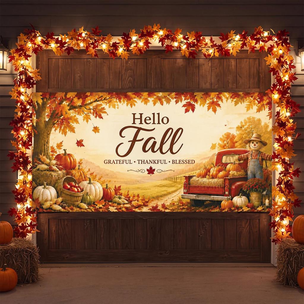 8 x 16 ft Hello Fall Garage Door Cover, Pumpkin Barn Banner Decor