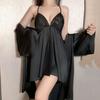 Women's Summer Thin Sexy Pajamas Suspender Pajamas Imitation Silk Two-piece Nightgown with Chest Pad
