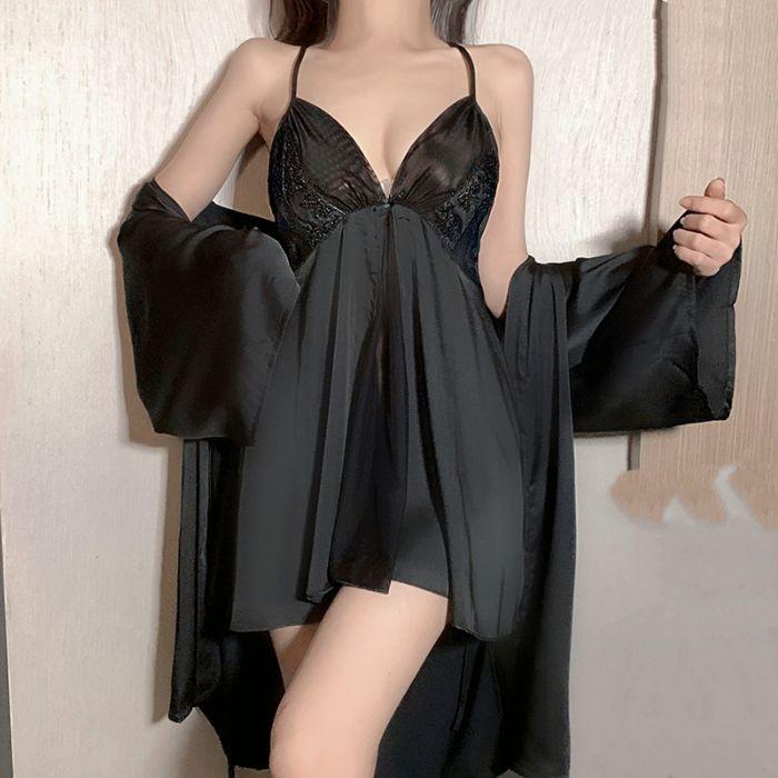 Women's Summer Thin Sexy Pajamas Suspender Pajamas Imitation Silk Two-piece Nightgown with Chest Pad