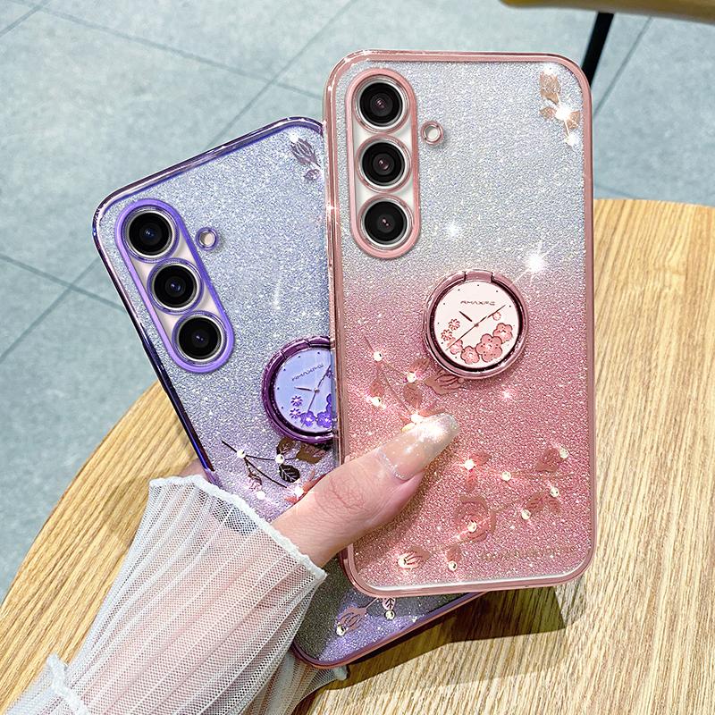 KADEM For Samsung Galaxy M52 5G Flower Pattern Back Cover Ring Kickstand Glitter Gradient TPU Phone Case