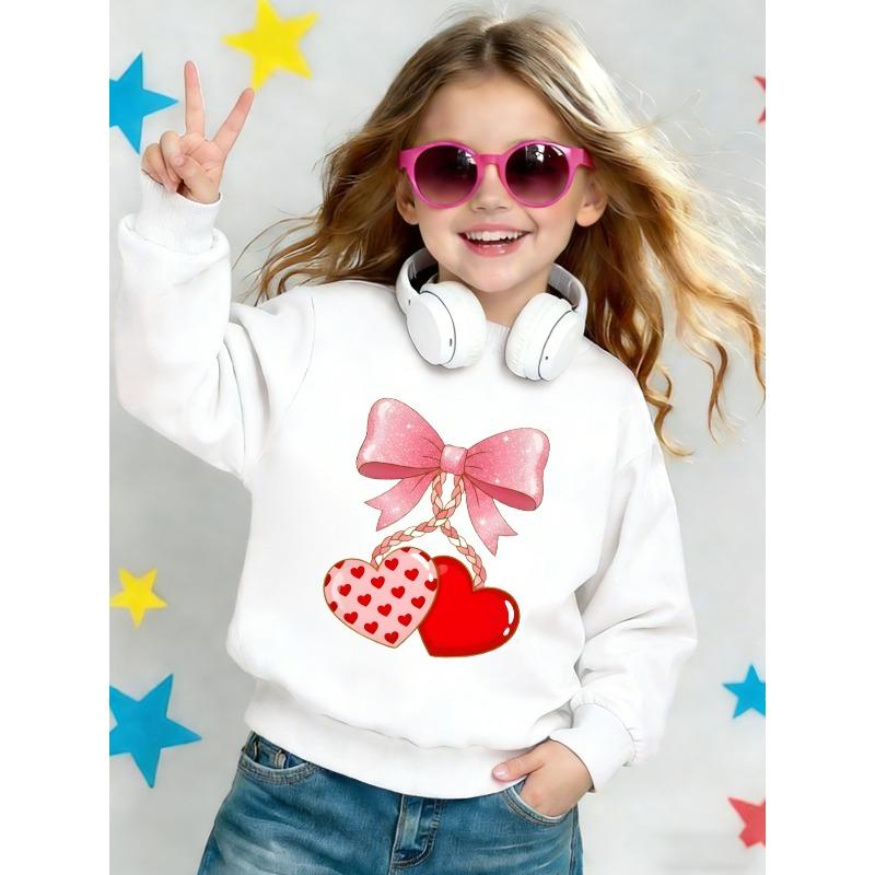 Cute Printed Pattern 0-3 Years Girls' Spring Lightweight Round Neck Sweatshirt with Sequin Bow and Heart Design