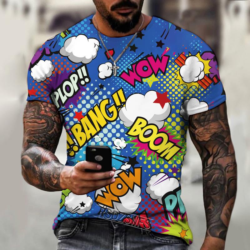 New men's street fashion graffiti explosion element 3D T-shirt Lycra polyester high-quality T-shirt plus size