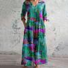Ladies Light Gray Washed V-neck Seven-quarter Sleeve Long Dress Hem Flower Embroidery Loose Pleated Side Holiday Dress