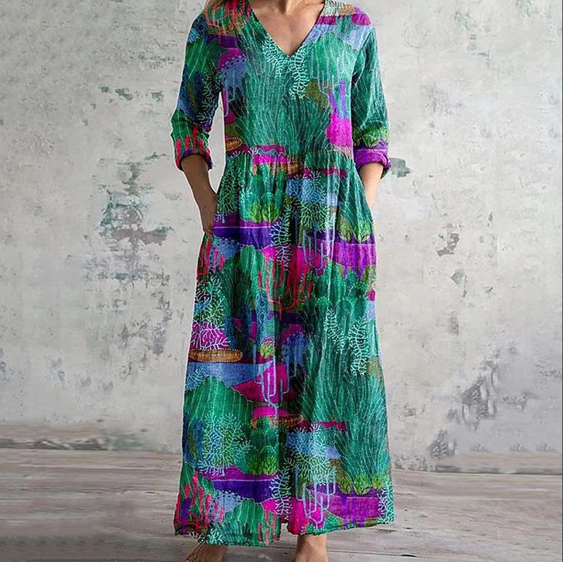 Ladies Light Gray Washed V-neck Seven-quarter Sleeve Long Dress Hem Flower Embroidery Loose Pleated Side Holiday Dress