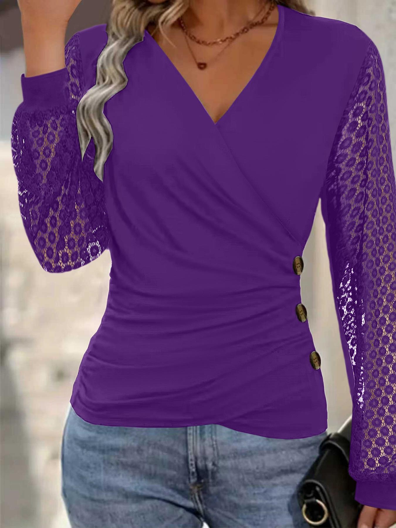 

Women s Solid Color Lace Patchwork Lantern Sleeve Faux Button Loose Crossover Top XL
