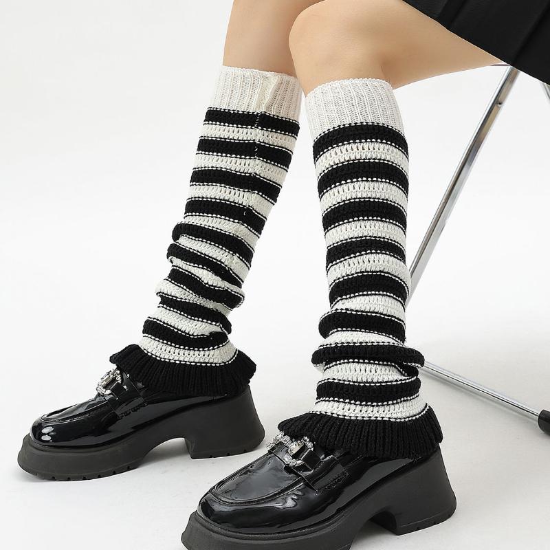 Hot Girl Style Y2K Spring Autumn Women's Striped Slouch Socks Leg Warmers for Leather Shoes Knitted Chunky Thread Calf Socks