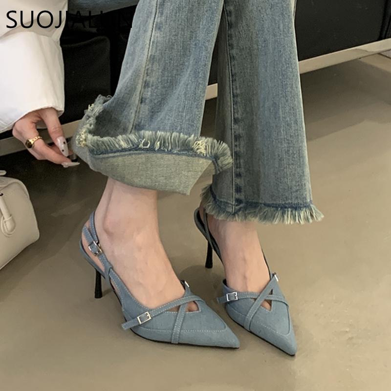 Fashion SUOJIALUN New Brand Women Sandal Shoes Fashion Pointed Toe Shallow Slip On Slingback Shoes Thin High Heel Outdoor Dress Pumps