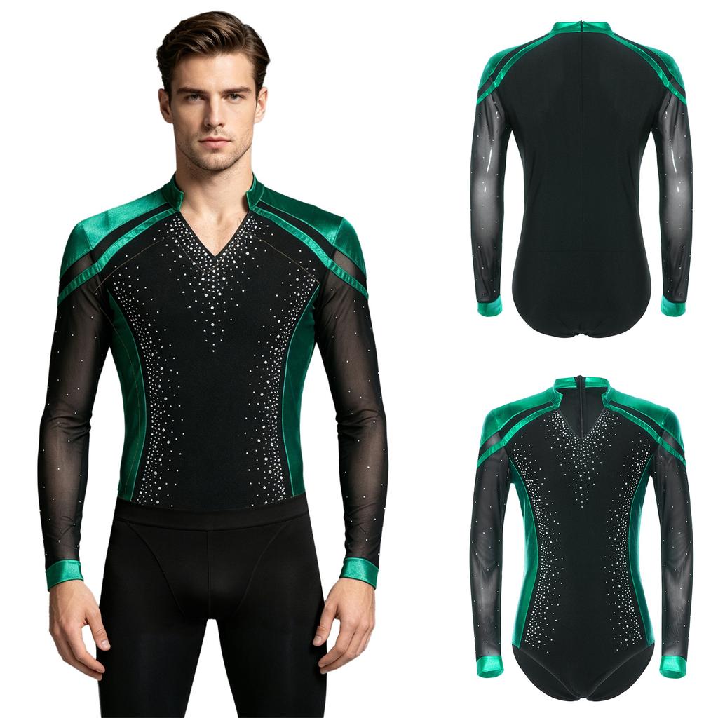 Sparkly Metallic Patchwork V Neck Bodysuit for Men Mesh Long Sleeve Rhinestone Leotard for Latin Ballet Figure Skating Gymnastics Training