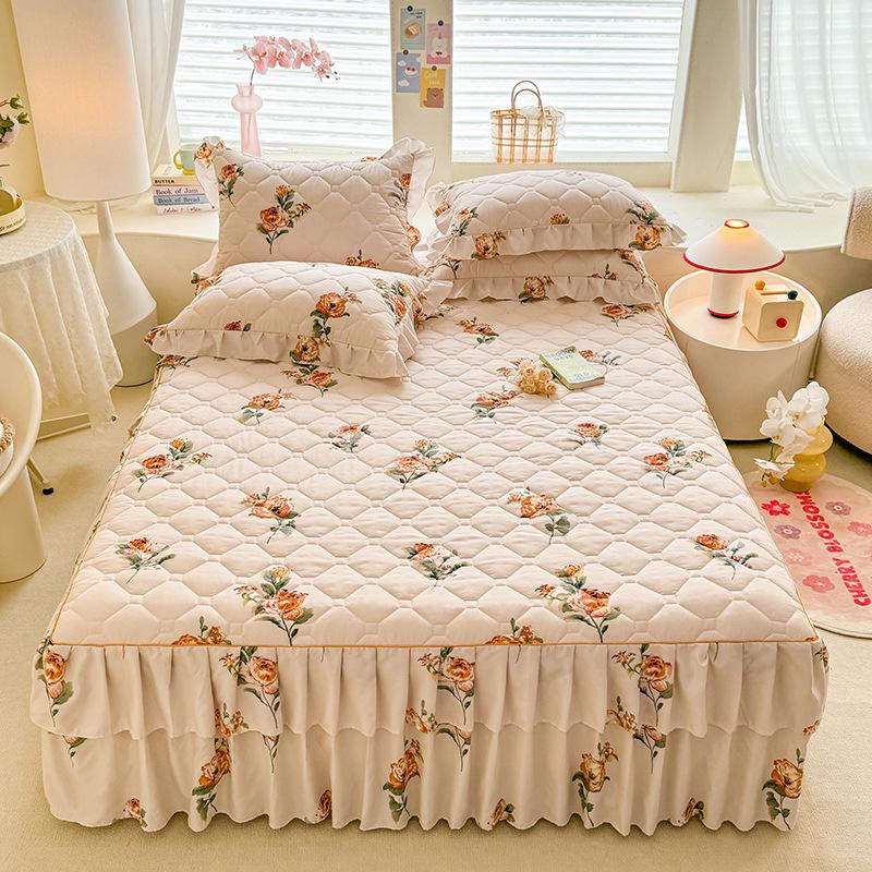 Fustă de pat prințesă matlasată cu dantelă în stil coreean – Cuvertură de pat groasă, din mătase periată, rezistentă la praf