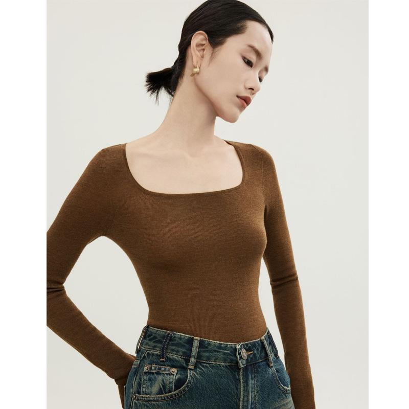 

Bailu Women s Seamless Knit Merino Wool Square Neck Slimming Sweater Large
