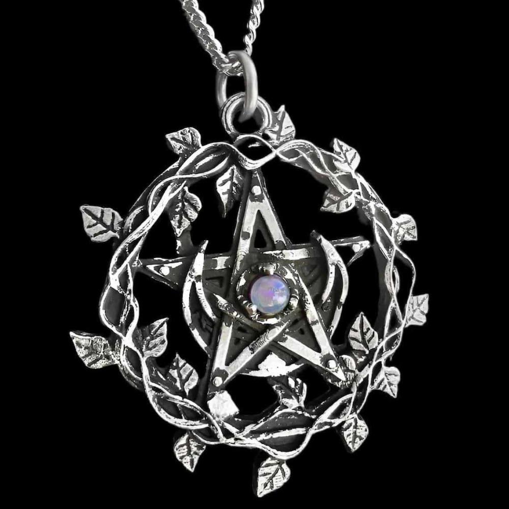 Retro Blatt-Girlande Mond Pentagramm Magischer Kreis Kristall Anhänger Halskette für Frauen Gothic Halloween Hexe Kultisten Schmuck Geschenke
