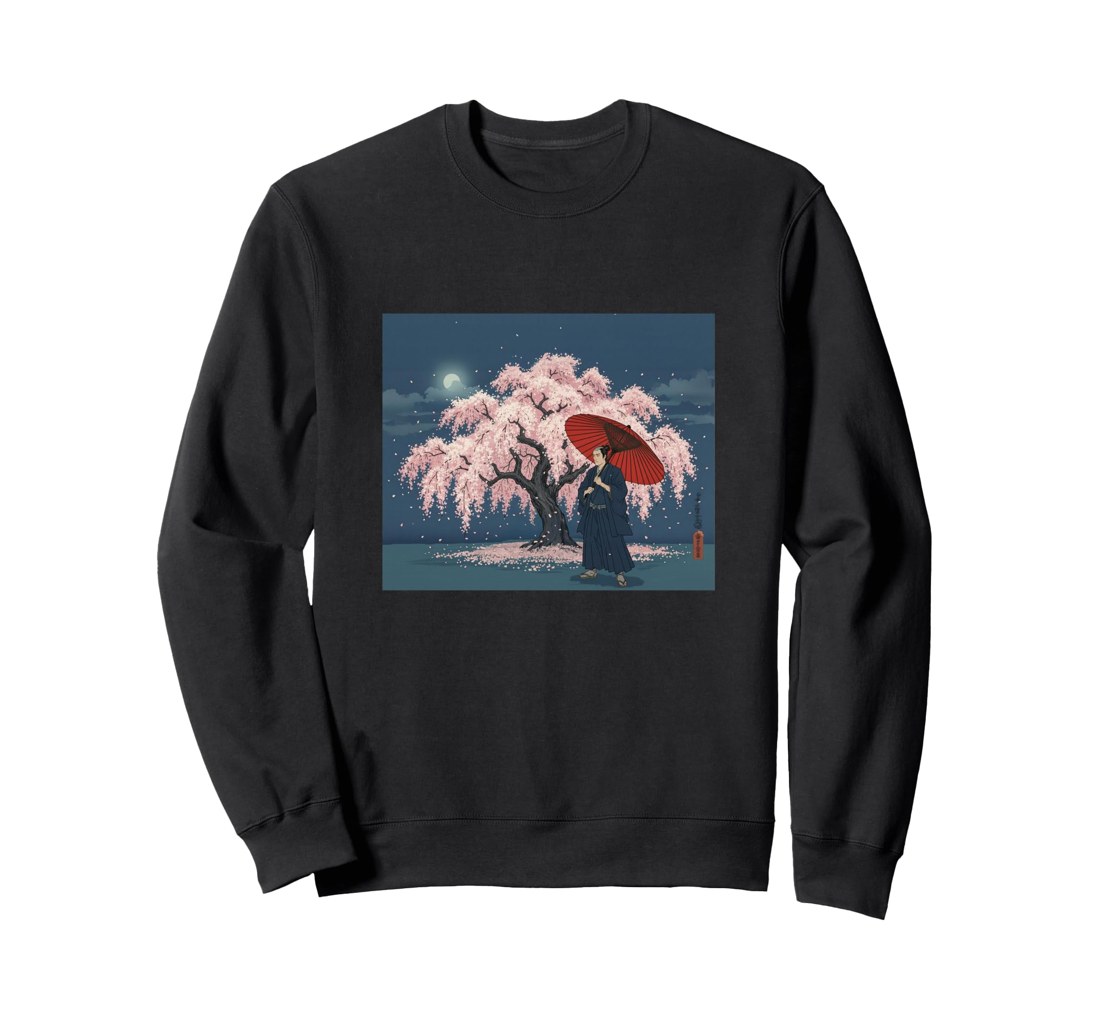 night cherry cherry Japanese sweatshirt Samurai, warrior, Japan, blossoms, blossoms, umbrella, чёрный