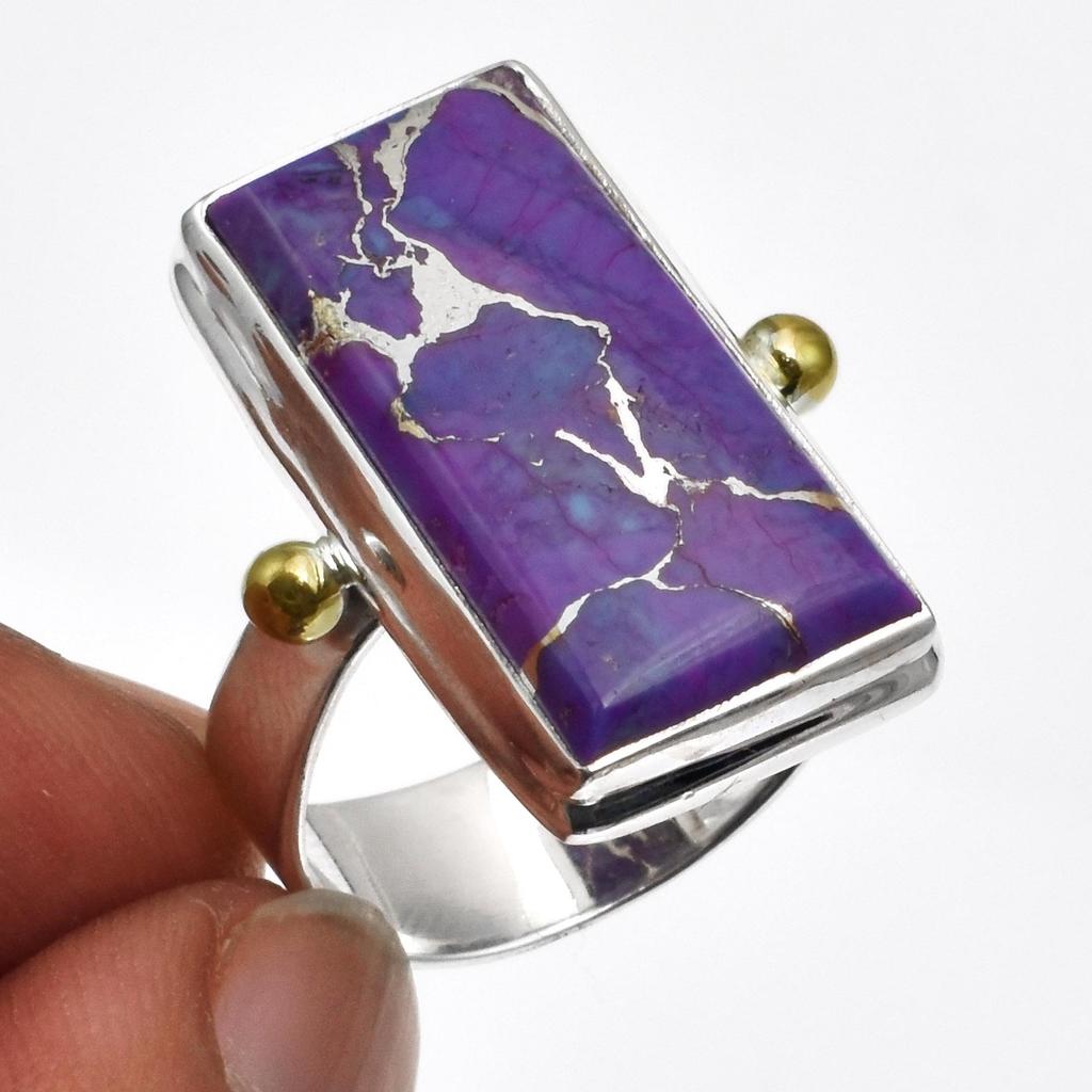 Bague bicolore faite à la main en argent sterling 925 avec pierre précieuse turquoise violette naturelle pour femmes et filles