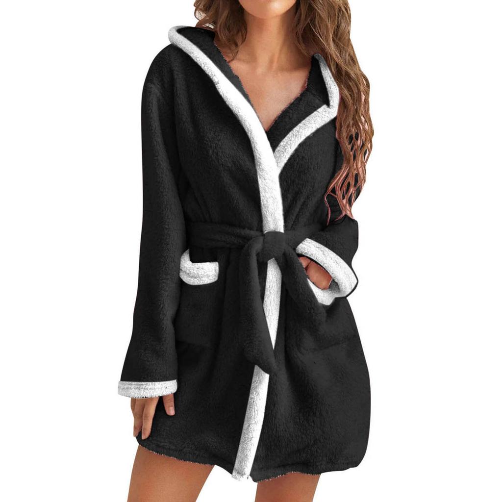Water Absorption Bathrobe Women Robe Autumn Winter Fuzzy Hooded Cardigan With Pockets Loungewear Pajamas Home Wear Dress