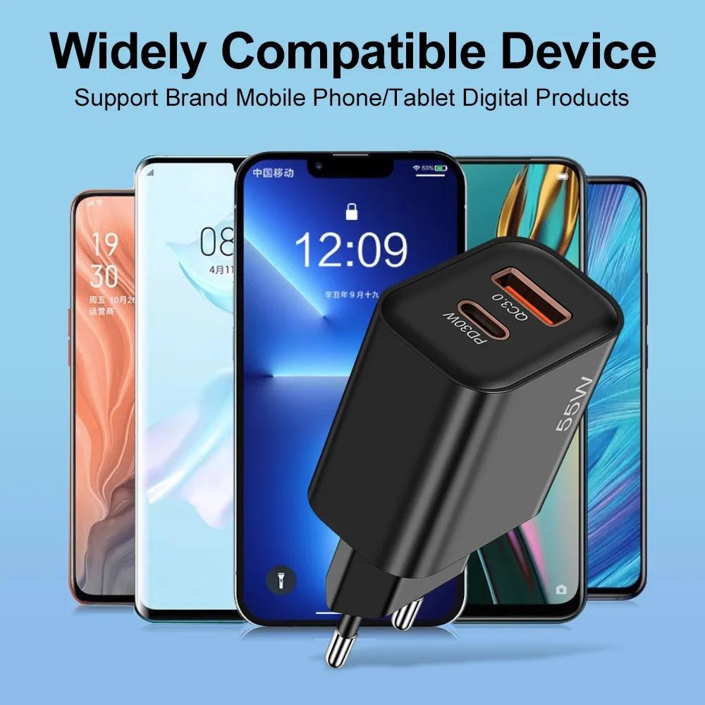 55W USB + USB-C QC3.0 Fast Charging PD Charger for iPhone 15 Plus 14 Pro Max Samsung  Xiaomi Realme Universal Wall Charger