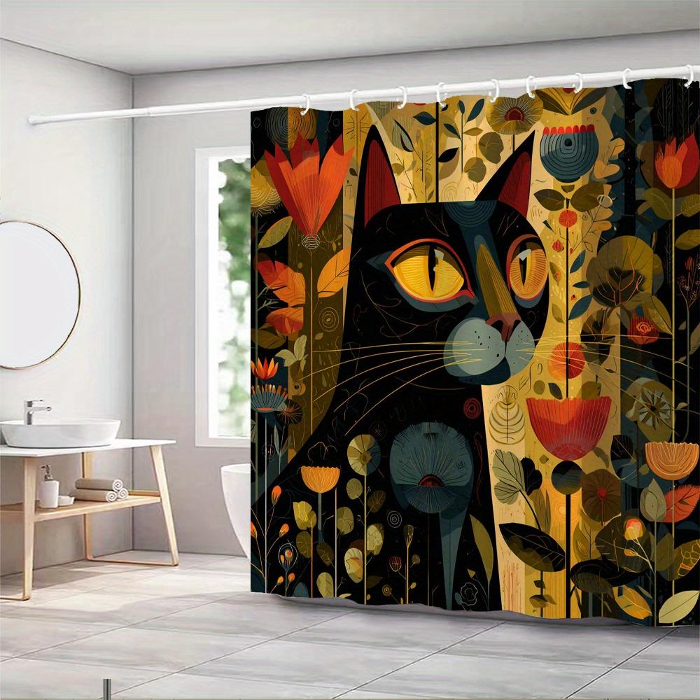 Artistic Black Cat Floral Waterproof Mildew-Resistant Shower Curtain - Unique Design for a Stylish Bathroom Décor Experience