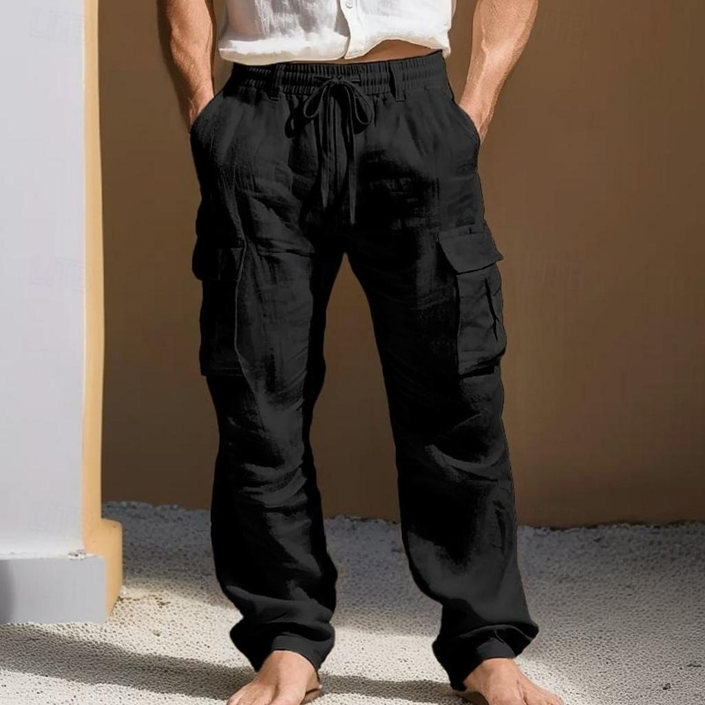 Men's Cotton Linen Cargo Pants Loose Fit Straight Leg with Multiple Pockets for Casual Wear