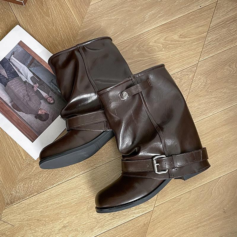 New Fashion Women's Pants Tube Cowboy Boots Autumn Pile Pleated Black Vintage Western Martin Boots Thick Heel