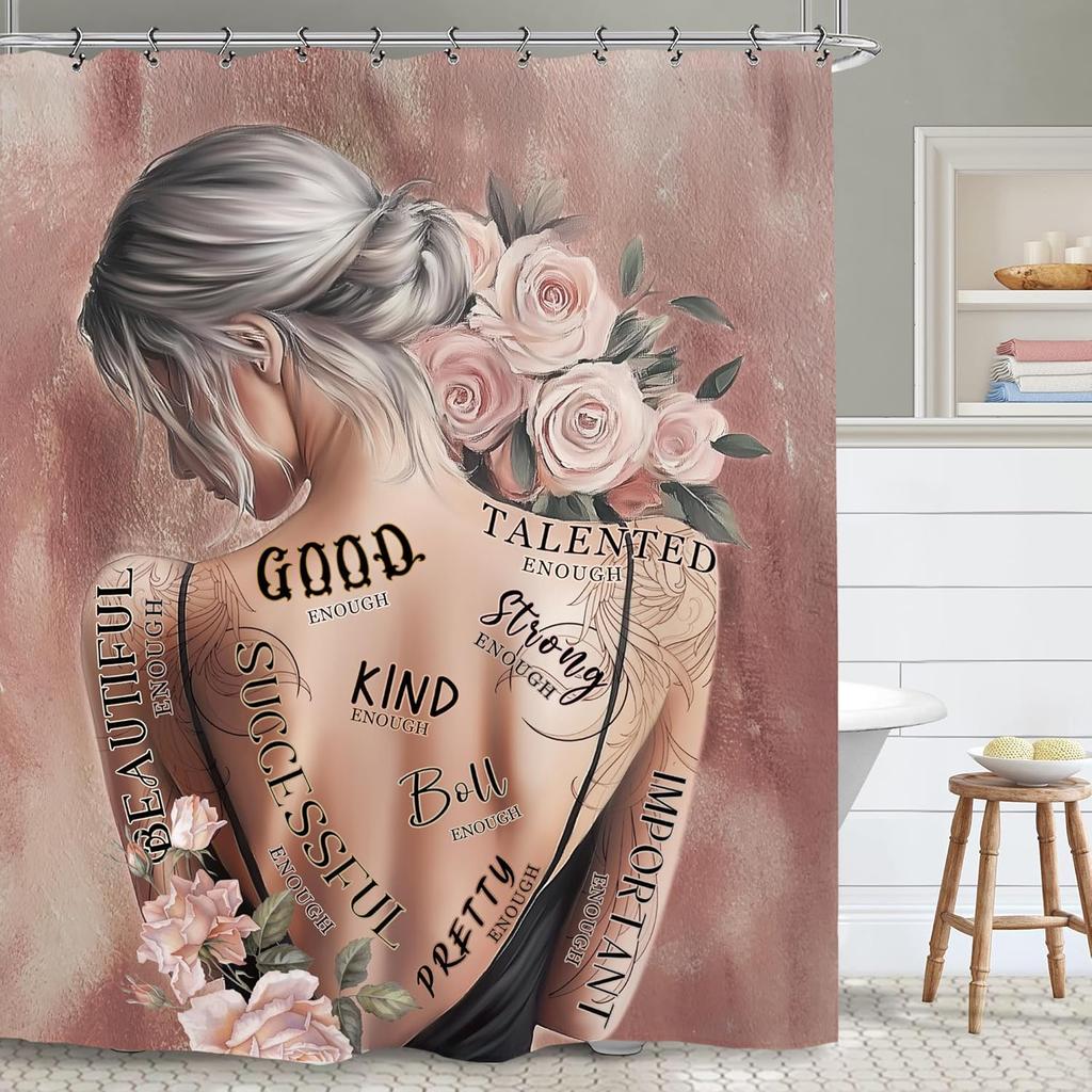 African American Flower Shower Curtain, Black Girl Marble Design, Inspirational Motivational Print, Waterproof Polyester