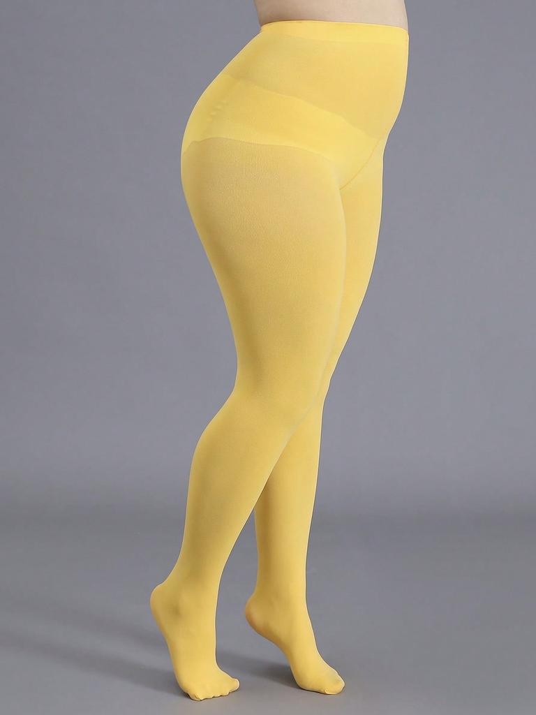 1 Pair Women Plus Size Yellow Sheer Tights Stretchy High Waist Pantyhose Stockings