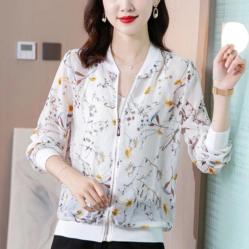 

Elegant Spring/Summer Slimming Printed Chiffon Baseball Jacket - Plus Size, Casual & Age-Reducing Fashion Top 4XL