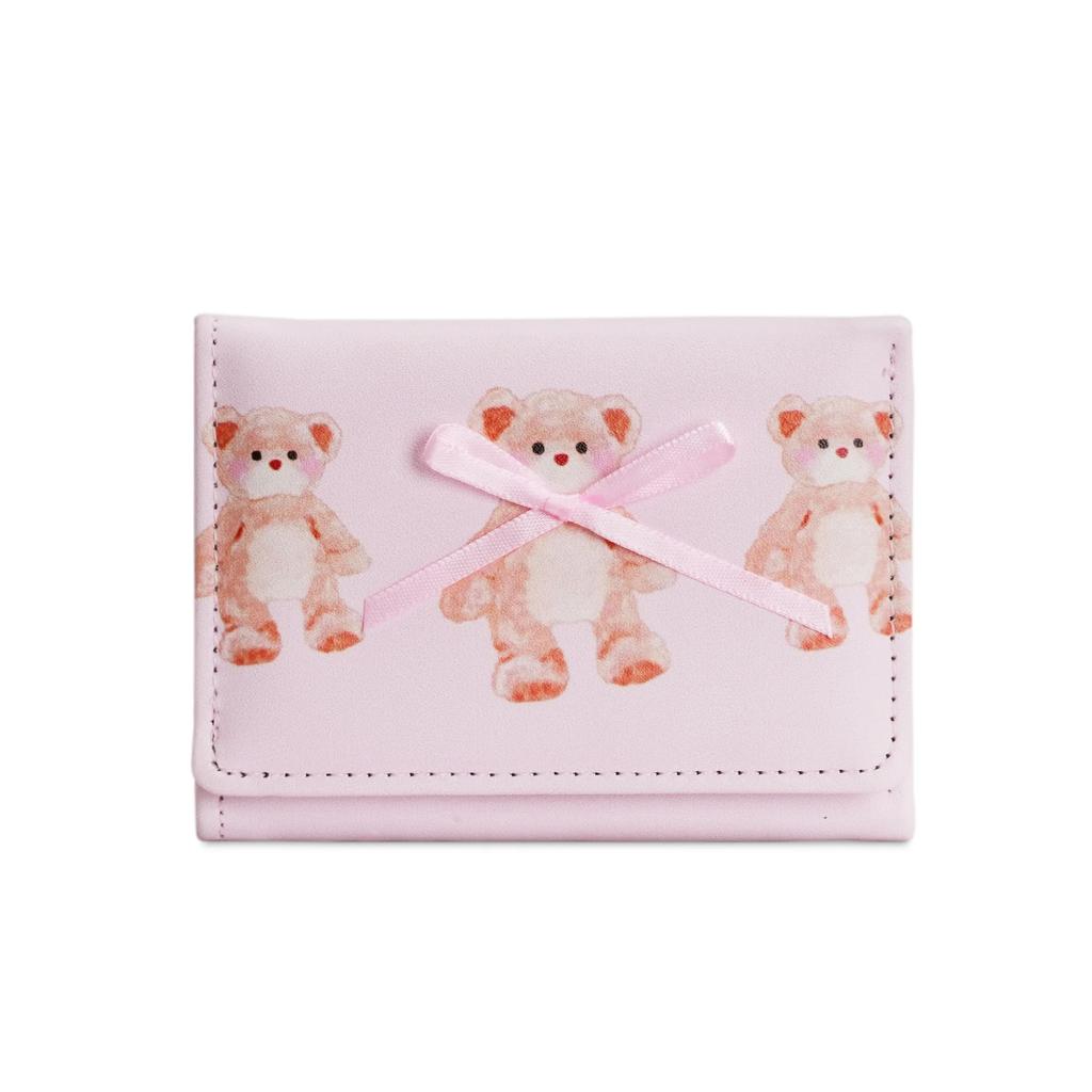 Cute Bear Girls Short Wallets Small Wallet Aesthetic Card Holder Classic Three Fold Purse For Women Student Simple Coin Pouch
