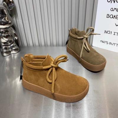 Tête de poupée cuir pur rabat fourrure bottines plates à semelle souple rétro pour femmes confortables et antidérapantes chaussures basses à lacets Martin