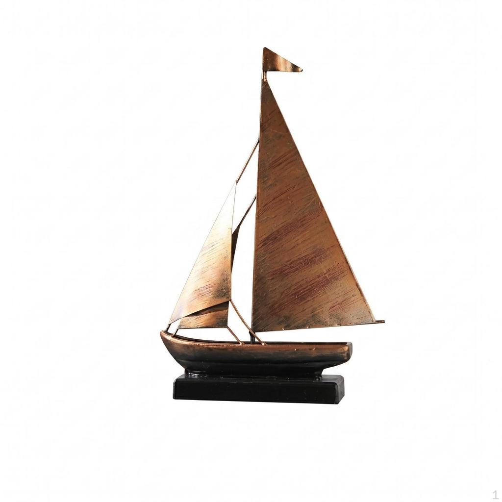 Adorno de Barco de Vela de Bronce Dorado Modelo de Hierro Lustroso Base Oscura Barco Náutico