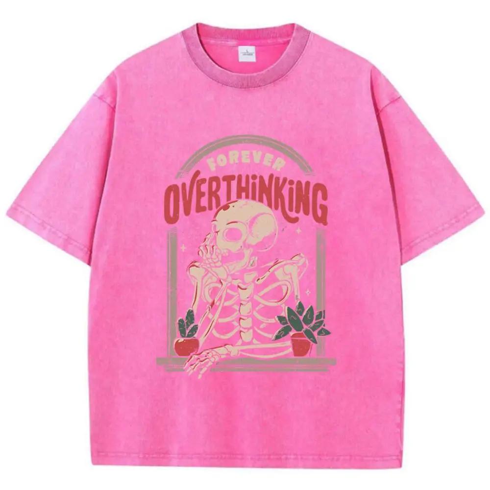 Casual Cotton Washed T-Shirts Skeleton Man On The Balcony Printing Tops Oversize O-Neck Soft Short Sleeve Mans Clothes