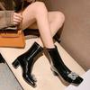 Square Toe Stretch Tight Boots Small Slim Heel Rhinestone Square Buckle Middle Leg Boots Women's High Heels