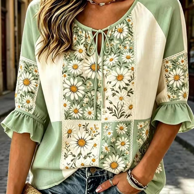 Women's Tie Keyhole Neck Blouse, White Base Tiny Pink Ditsy Floral Scroll Print, Loose Fit for Spring Summer Daily Outfits