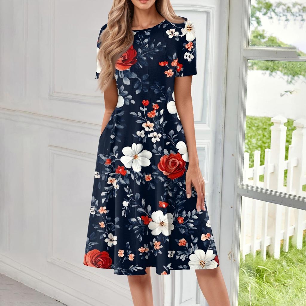 Damen Modisches Druck Rundhals Locker Kurzärmelig Tasche Pullover Kleid