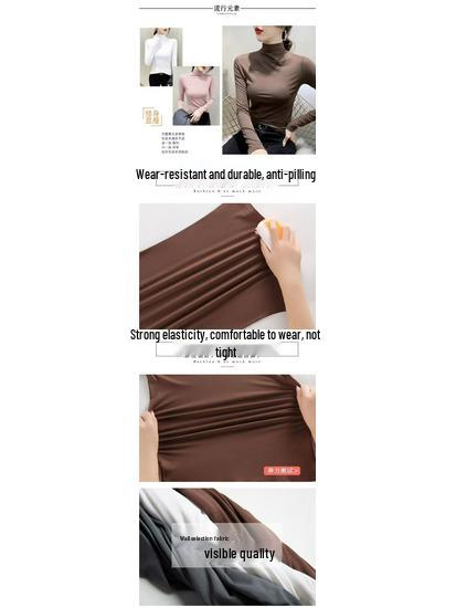 Women's Thickened Slim Fit Long Sleeve T-Shirt with Double-Sided Plush, Mid-High Neck, Brushed Base Layer Top for Autumn/Winter Warmth