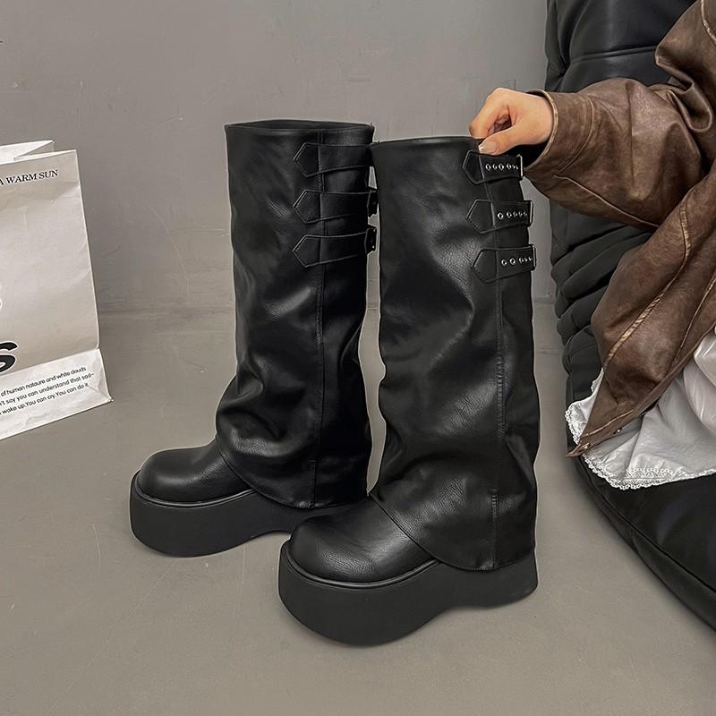 Women's New Style Autumn and Winter Knee High Boots with Pleated Thick Sole Thick Heel Casual Leather Midsole Boots Knight Boots
