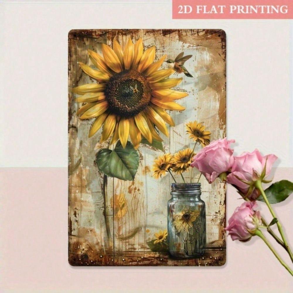 Tin Sign Sunflower Hummingbird Mason Jar Rustic Wall Art for Living Room